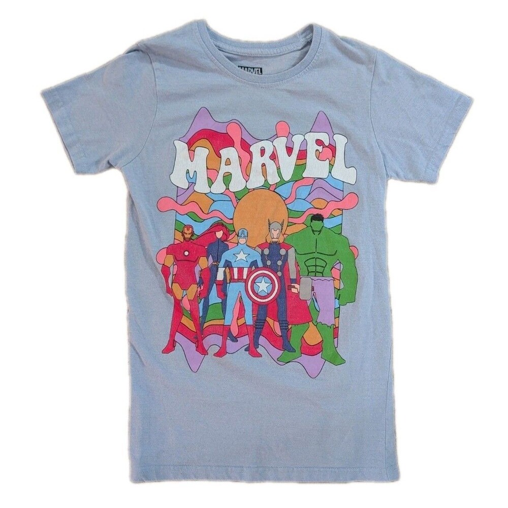 Marvel Avengers Retro Psychedelic Graphic Tee Adult Small S Light Blue